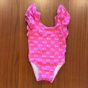 Posh Peanut Pink Barbie Logo Ruffle One-Piece Swimsuit